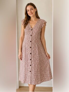 Thread & Supply Monteau Rose-Tan Floral Button Midi Dress